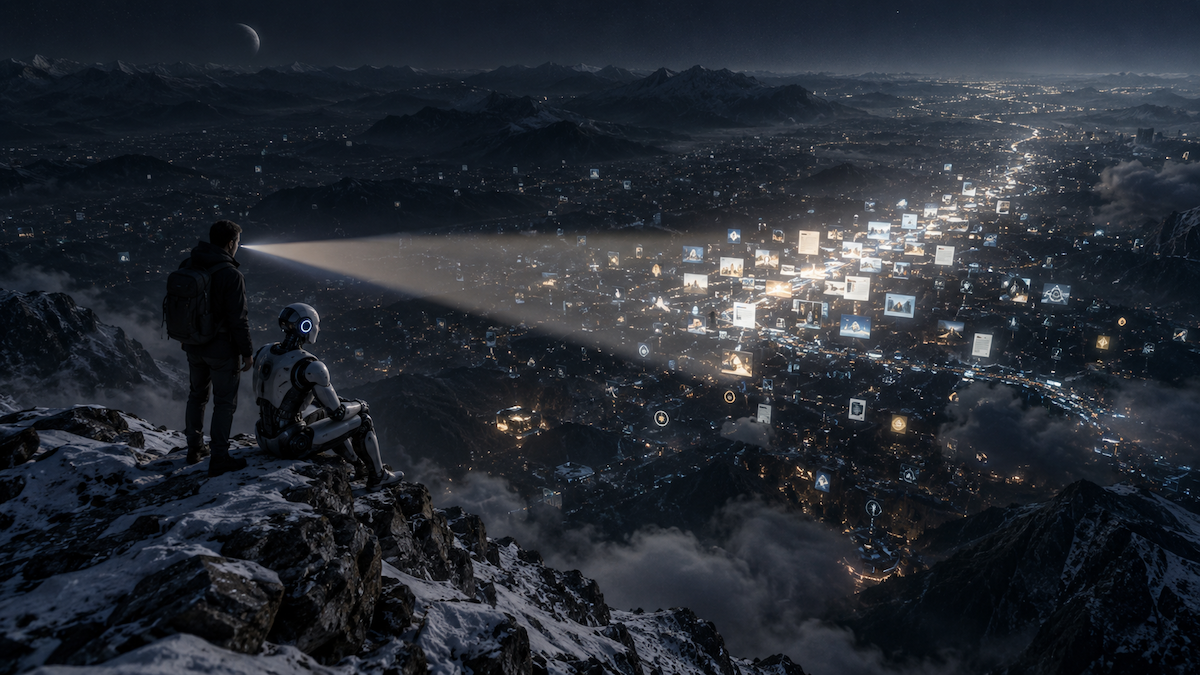 The same scene, now with a directed beam of light pointing at one specific cluster of data in the valley.