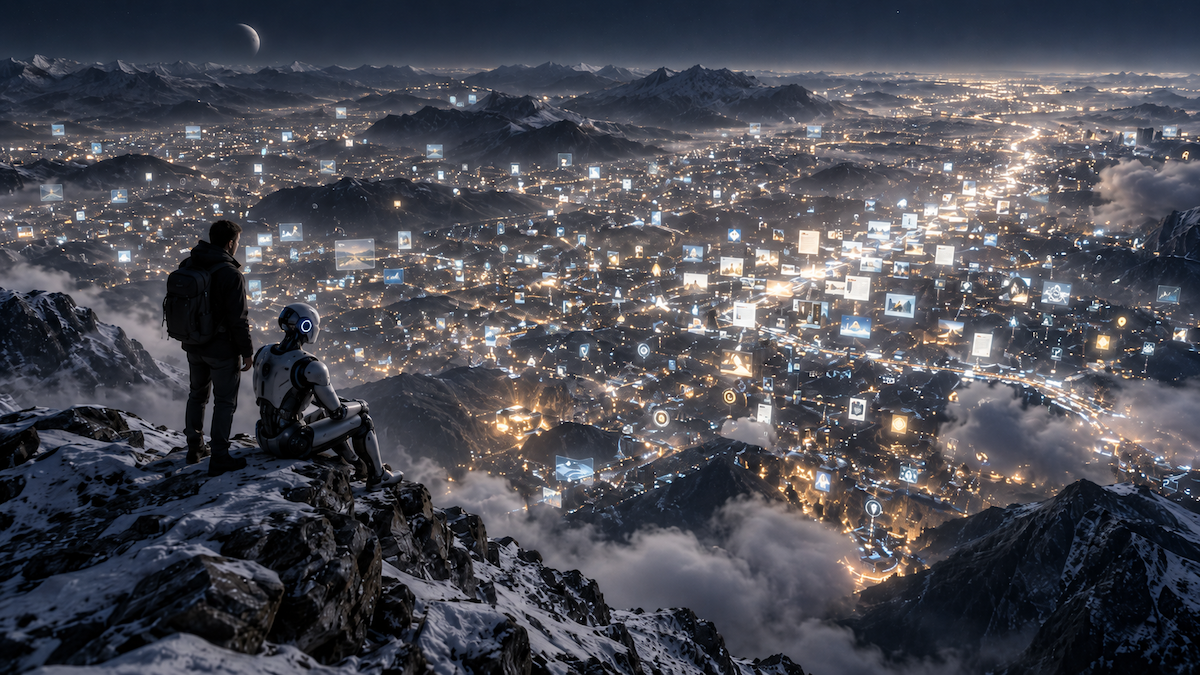 A person and an AI agent look out over a vast, unfocused valley of glowing data from a mountaintop.